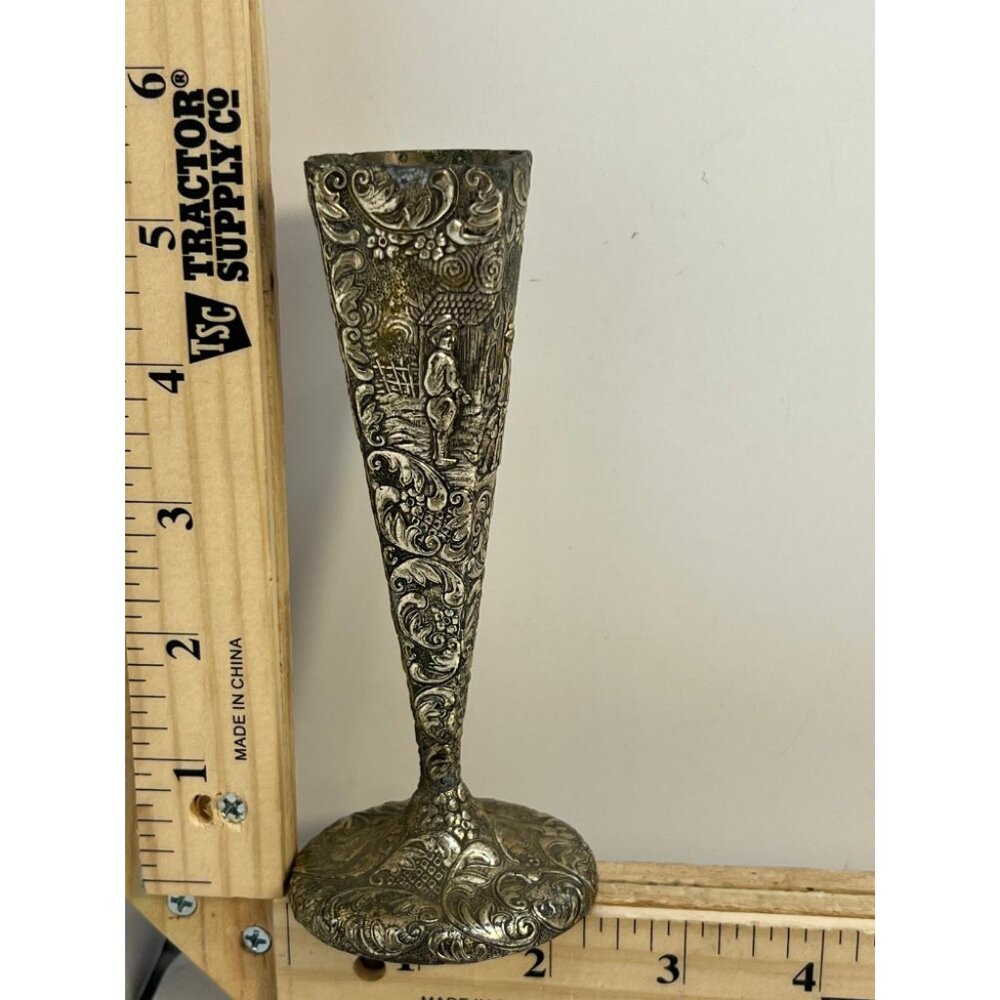 Vintage Silverplate Dutch Scene Bud Vase Silver Trumpet Vase 5” Ornate Repousse - Picture 1 of 3